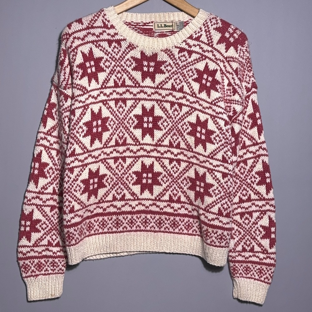 Vintage LL Bean Fair Isle Crewneck Sweater Womens Size Large Pink Snow Flake